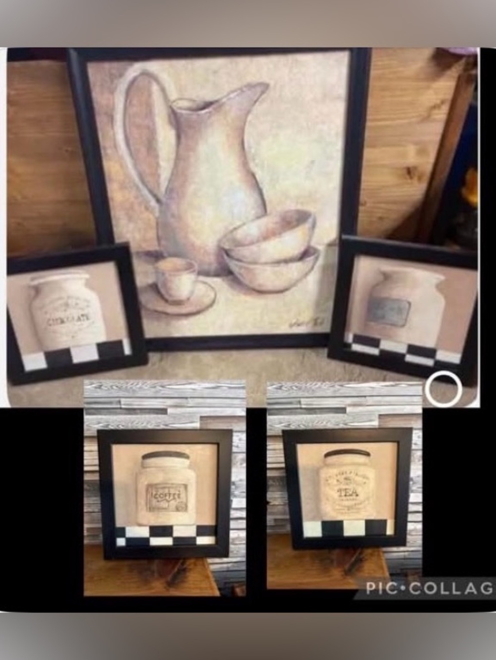 Set of 5 (Coffee/Tea) Framed Kitchen Pitcher & Jar Wall Art Set - Beige/Tan